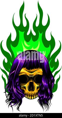Cranio nel disegno del tatuaggio di fuoco. Vettore disegnato a mano Illustrazione Vettoriale