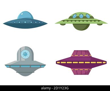 Set di vari piattini volanti. UFO in stile cartoon isolato su sfondo bianco. Illustrazione Vettoriale