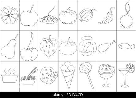 Set di icone con cibo, piatti, frutta e verdura Illustrazione Vettoriale