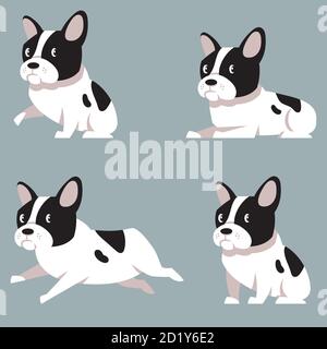 Bulldog francese in diverse posizioni. Carino animale domestico in stile cartone animato. Illustrazione Vettoriale