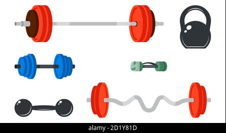 Set di attrezzature sportive. Kettlebell, barbell e pesi in stile cartoon. Illustrazione Vettoriale