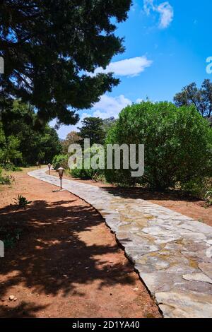 Idee di disegno di paesaggio e di giardinaggio. Finitrici naturali, decorazioni, lanterne. Ricco fogliame, cespugli e alberi. Sentieri, terreno aperto, nessun pacciame. Scatto diurno Foto Stock