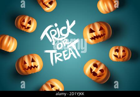Una raccolta di paurosi Jack o Lantern zucca volti con trucco o trattare il testo. Illustrazione vettoriale realistica. Illustrazione Vettoriale
