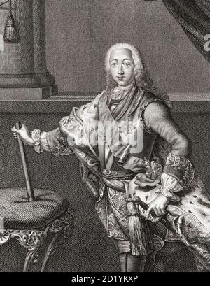 Ritratto del Granduca Pietro Feodorovich, successivamente imperatore Pietro III di tutta la Russia, 1728 - 1762. Dopo un'incisione del XVIII secolo di Jan Caspar Philips da un'opera di George Christof Grooth. Foto Stock