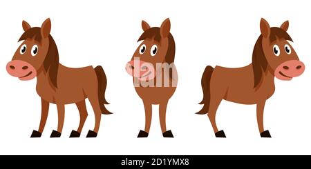 Foal in diverse posizioni. Animale da fattoria in stile cartone animato. Illustrazione Vettoriale