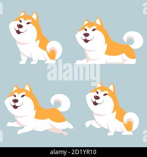 Insieme vettoriale di cani Akita Inu in diverse pose. Animali domestici in stile cartone animato. Illustrazione Vettoriale