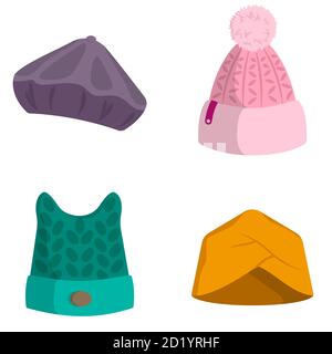 Set di cappelli da donna. Abiti invernali in stile cartoon. Illustrazione Vettoriale