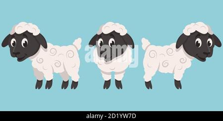 Agnello in pose diverse. Animale da fattoria in stile cartone animato. Illustrazione Vettoriale