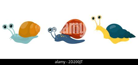 Set di diverse lumache. Animali divertenti in stile cartone animato. Illustrazione Vettoriale