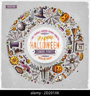 Oggetti cartoni animati, simboli ed elementi di Halloween con cornice rotonda Illustrazione Vettoriale