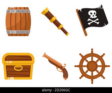 Insieme di attributi pirata. Oggetti marini in stile cartoon. Illustrazione Vettoriale