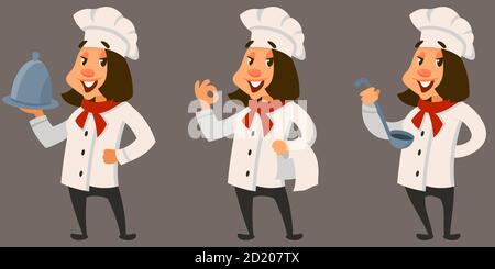 Chef femminile in diverse posizioni. Carattere sorridente in stile cartoon. Illustrazione Vettoriale