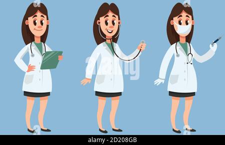 Dottore femminile in diverse posizioni. Personale medico in stile cartoon. Illustrazione Vettoriale