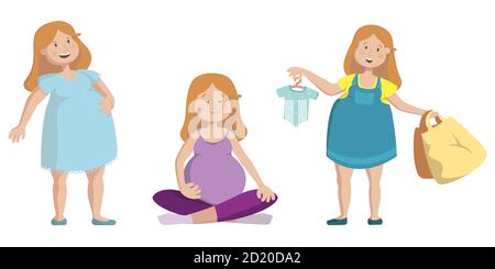 Insieme vettoriale di donne in gravidanza. Madre felice in gravidanza. Illustrazioni cartoon isolate su sfondo bianco. Illustrazione Vettoriale