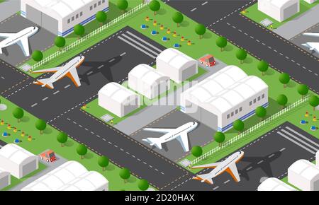 Modello senza cuciture Isometrica 3D aeroporto città con trasporto Illustrazione Vettoriale