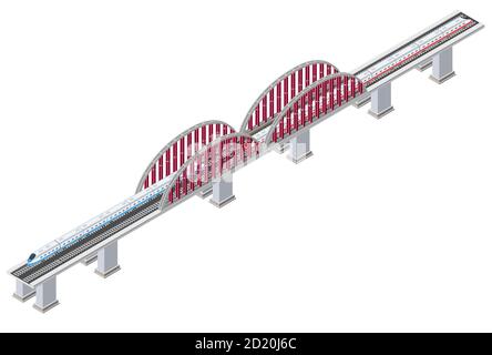 Ponte ferroviario isometrico 3D per il trasporto di locomotive ferroviarie tridimensionale Illustrazione Vettoriale
