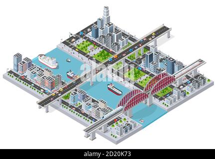 Illustrazione isometrica 3D Città con argine fluviali con Illustrazione Vettoriale