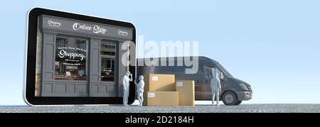 Rendering 3D di un tablet con una boutique, un furgone con scatole e deliverymen Foto Stock