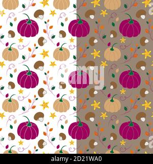 Modello autunnale senza cuciture. Zucche, funghi, fiori, foglie silhouette su sfondo bianco e beige facilmente modificabile. Illustrazione Vettoriale