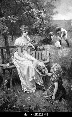 Madre con figlia in primavera all'aria aperta, seduta su una panchina, la ragazza che gioca sul prato. In background due ragazzi per catturare le farfalle tentativo, nel 1860, Germania / Mutter mit Tochter im Frühling in freier Natur, Frau sitzt auf einer Bank, das Mädchen spielt auf der Wiese. Im Hintergrund zwei Jungen die versuchen Schmetterlinge zu fangen, 1860, Deutschland, Historisch, storico, digitale riproduzione migliorata di un originale del 19 ° secolo / digitale Reproduktion einer Originalvollage aus dem 19. Jahrhundert Foto Stock