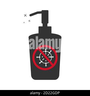 Icona antisettica della mano. Illustrazione del design piatto. Concetto di cura della mano del virus. Profilo nero del flacone dispenser Illustrazione Vettoriale