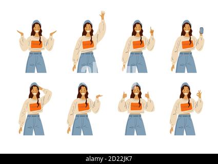 Happy girl in abiti casual mostra diversi gesti delle mani. OK, i pollici si alzano, ciao, telefono in mano. Carattere femminile, studente o studentessa. Immagine vettoriale piatta isolata su sfondo bianco Illustrazione Vettoriale