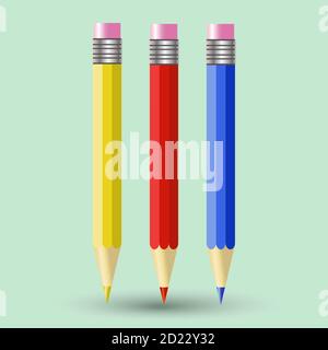 Set vettoriale di tre matite colorate: Rosso, blu e giallo, con una fascia in gomma sulla parte superiore. Isolato su sfondo verde chiaro. Icona matite Illustrazione Vettoriale