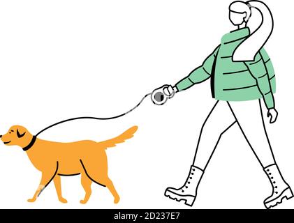 Donna in mano contorno piatto illustrazione vettoriale. Giorno piovoso. Tempo umido. Lady waking cane in pioggia isolato cartoon profilo carattere su sfondo bianco Illustrazione Vettoriale