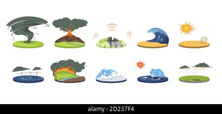 Set di illustrazioni vettoriali cartoni animati disastri naturali. Condizioni atmosferiche estreme. Catastrofe, cataclisma. Alluvione, valanga, uragano. Terremoto Illustrazione Vettoriale