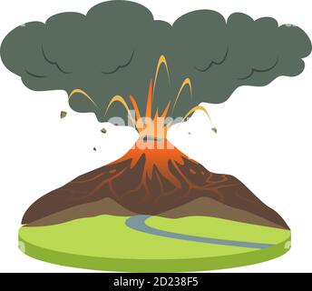 Eruzione vulcanica in area rurale cartoni animati illustrazione vettoriale. Attività vulcanica. Vulcano attivo che sputano lava e fumo. Catastrofe, calamità. Piatto Illustrazione Vettoriale