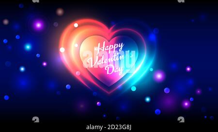 Happy valentines giorno vettore biglietti d'auguri, luminoso colorato neon forma cuore su sfondo blu scuro bokeh Illustrazione Vettoriale