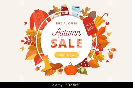 Banner di vendita autunnale con foglie ed elementi autunnali Foto Stock