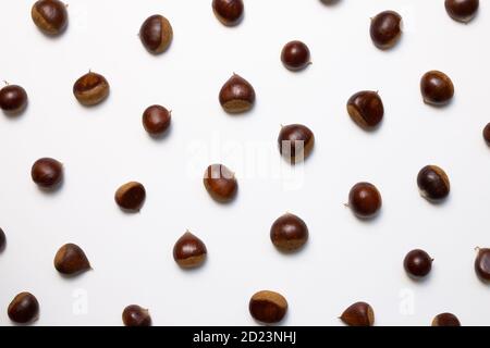Castagne motivo sfondo. Spuntini autunnali e invernali. Vista dall'alto Foto Stock