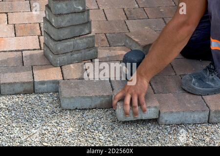 Master posa e installa mattoni da pavimento su una superficie pubblica. La base è piccola pietra e si adattano pezzi decorativi di calcestruzzo di mattoni. Foto Stock