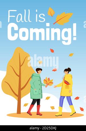 L'autunno sta arrivando poster modello vettoriale a colori piatto. Persone in impermeabile. Brochure, copertina, opuscolo Concept design di una pagina con personaggi cartoni animati Illustrazione Vettoriale