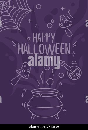 Cartoon Halloween poster disegni con vaso di potopn con funghi e mosca agarico. Divertente invito alla carta di Halloween. CFN da utilizzare per il Web. Illustrazione Vettoriale