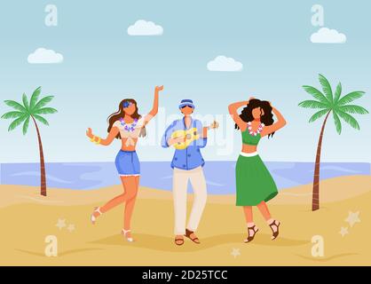 Illustrazione vettoriale a colori piatto della festa in spiaggia. Femmine in abbigliamento estivo. Celebrazione etnica. Uomo in piedi giocando ukulele 2D cartoon personaggi con Illustrazione Vettoriale
