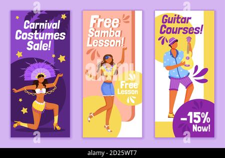 Set di modelli vettoriali piatti di volantini per carnevale brasiliani. Free samba lezione di stampa layout di progettazione opuscoli. Vendita di costumi di festa. Corsi di Gitar Illustrazione Vettoriale