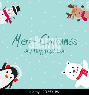 Pinguino renna Snowman e orso polare sono felice emozione in Disegno della scheda di invito di Natale, illustrazione vettoriale Illustrazione Vettoriale