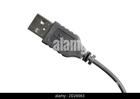 Cavo USB nero isolato su sfondo bianco. Primo piano Foto Stock