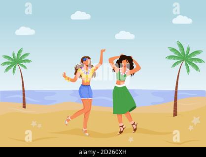 Illustrazione vettoriale a colori piatto del carnevale brasiliano. Femmine in abbigliamento estivo. Parata di festa. In piedi latino donne 2D cartoon personaggi con Illustrazione Vettoriale