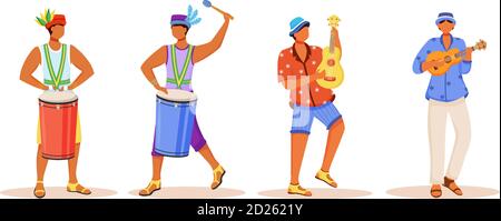 Brasile carnevale musicisti piatto colore vettore caratteri senza volto set. Uomini latini che suonano su strumenti musicali tradizionali. Maschi in piedi isolati Illustrazione Vettoriale