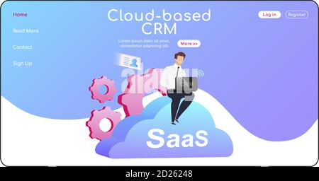 Modello vettoriale a colori piatto della pagina di destinazione CRM basata su cloud. Uomo seduto sul layout della home page di cumulo. SaaS una pagina di interfaccia sito web con cartoon Illustrazione Vettoriale