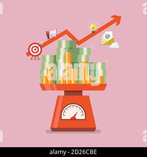 Mucchio di soldi sulle scale di peso domestiche con grafico in su in background. Illustrazione vettoriale Illustrazione Vettoriale