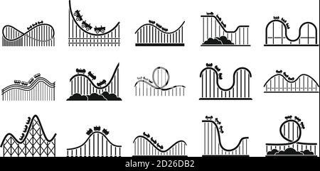 Set di icone del parco delle montagne russe. Semplice set di icone vettoriali per il disegno di Web su sfondo bianco Illustrazione Vettoriale