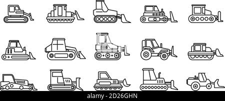 Set di icone apripista da costruzione. Contorno insieme di icone vettoriali bulldozer da costruzione per il web design isolato su sfondo bianco Illustrazione Vettoriale