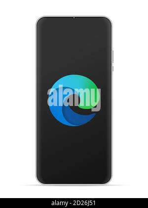 Icona del logo Microsoft Edge sullo schermo dello smartphone. Immagine vettoriale sfondo bianco. Foto Stock