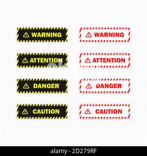Pulsanti di avvertenza, attenzione, pericolo e attenzione impostati. Vettore su sfondo isolato trasparente. EPS 10 Illustrazione Vettoriale