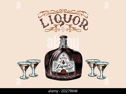 Bottiglia di liquore in vetro. Sparare con una bevanda forte. Badge americano. Etichetta alcolica. Schizzo inciso e disegnato a mano per t-shirt. Telaio classico per bottiglia Illustrazione Vettoriale