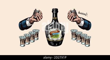 Bottiglia di liquore in vetro. Mano con un colpo. Toast Grazie. Bevanda forte. Badge americano. Etichetta alcolica. Disegno inciso per t-shirt. Classico Illustrazione Vettoriale